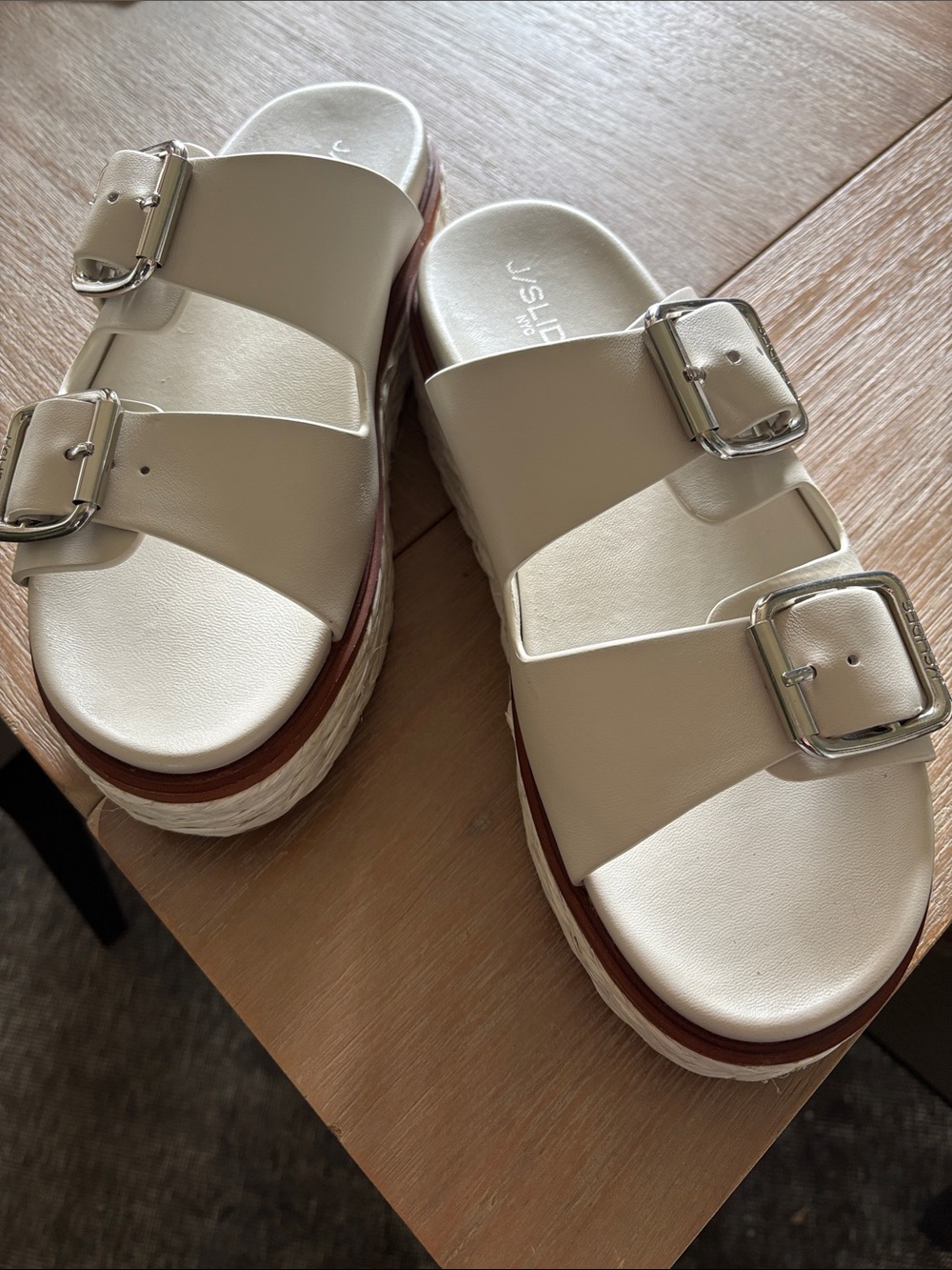 J/SLIDES Cream Double Buckle Platform Sandals with Textured Sole
